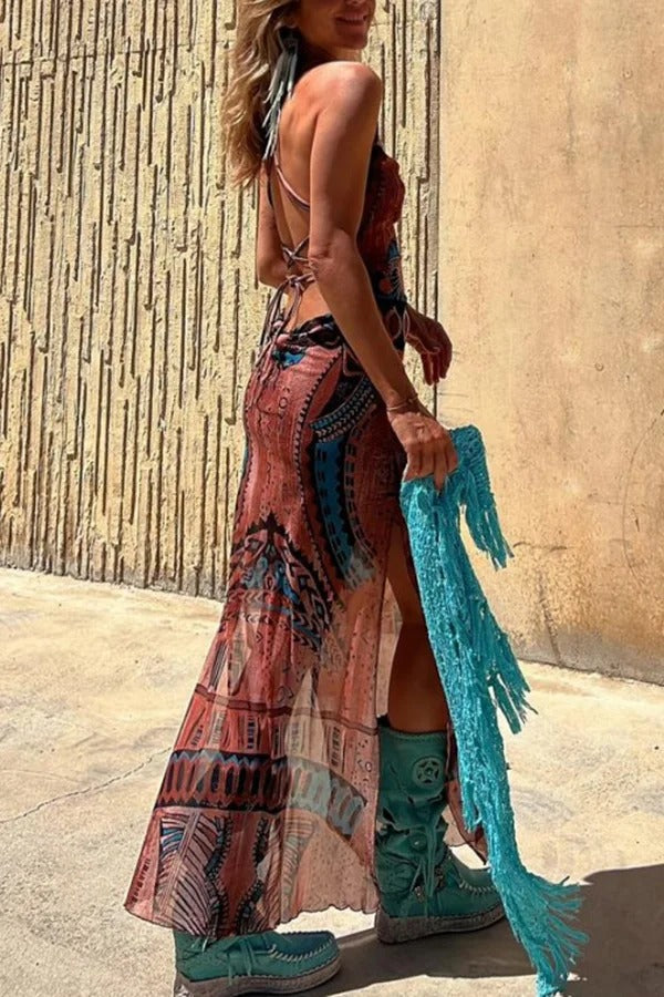 Exclusive Griselda Midi Dress with a Unique Gypsy Style Print, Cowl Neckline At the Back, Lace Up Fastening and Slit Evening Wear Edit