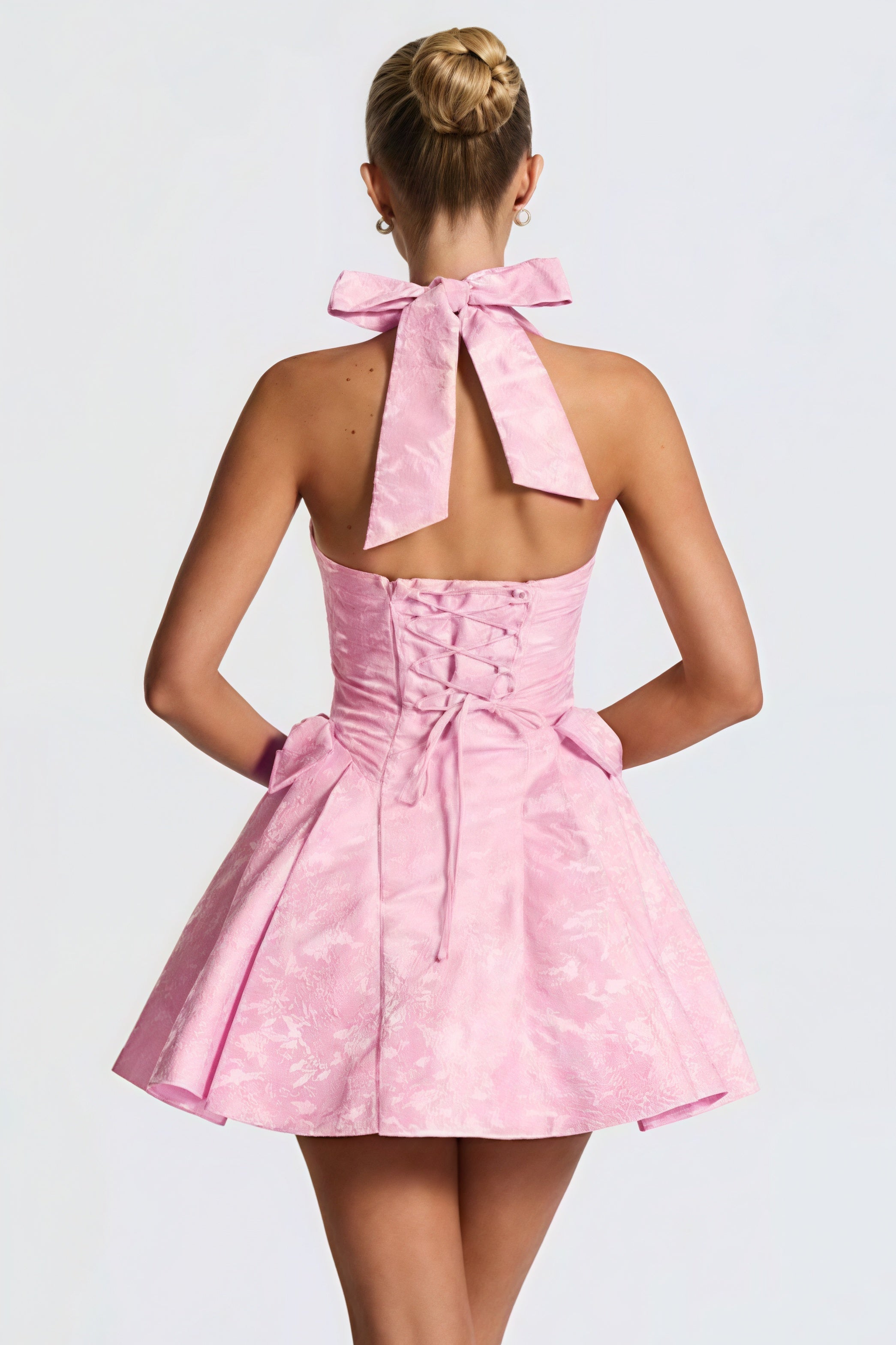 Alluring Halter V Neck Jacquard Mini Dress