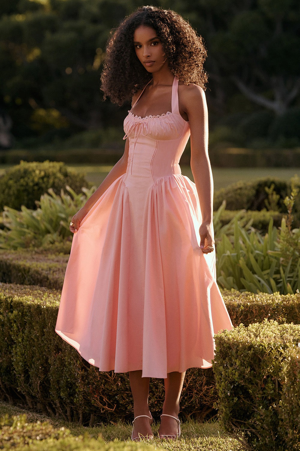 Flower Halter Lace Trim Long Sleeveless Prom Dress