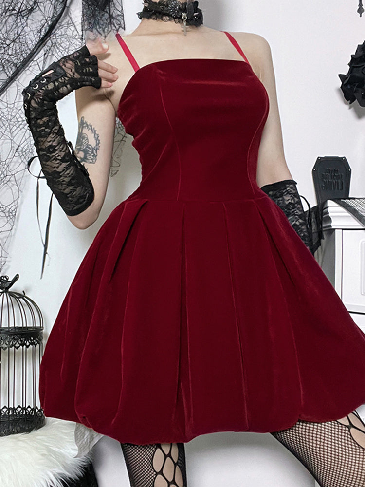 Velvet Gothic Shirring High Waist Solid Spaghetti Straps A Line Mini Dress
