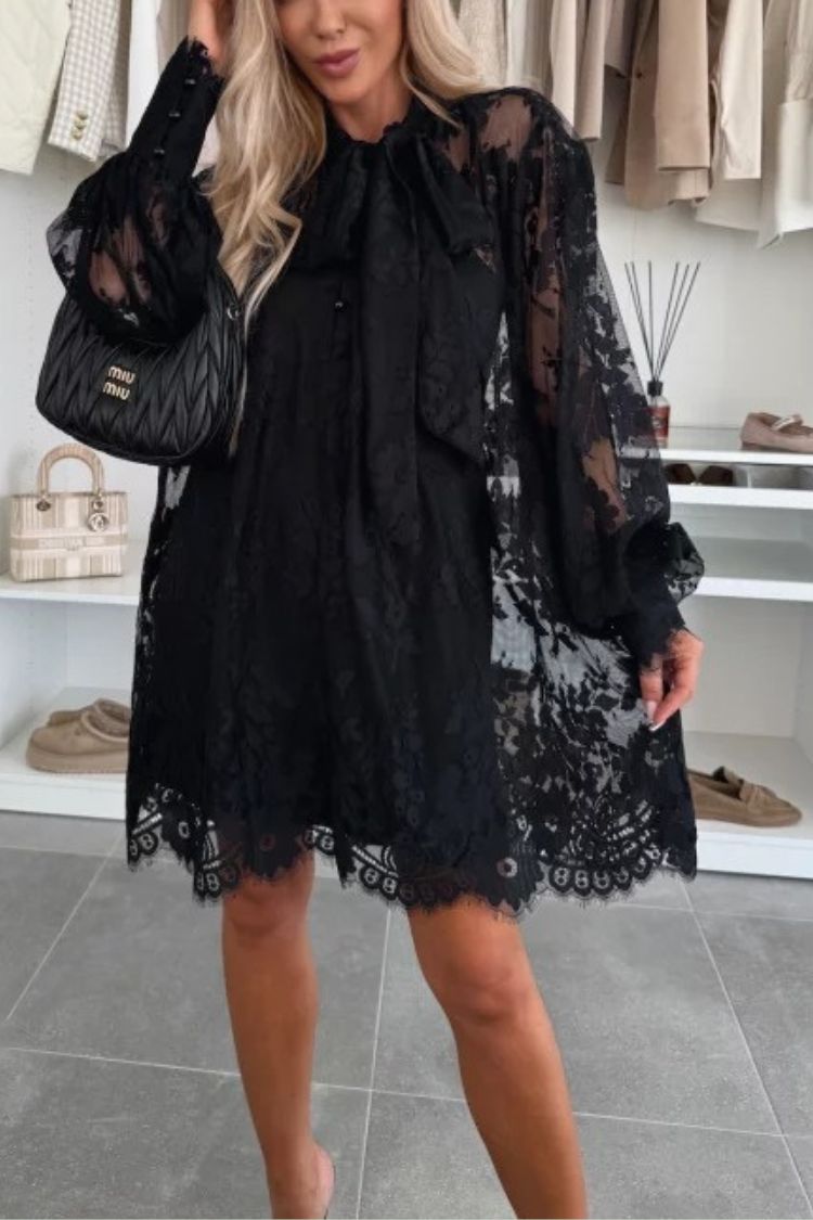 Effortless Iliana Night Rose a Line Mini Dress with Lace Bow and Long Balloon Sleeves Designer Edit