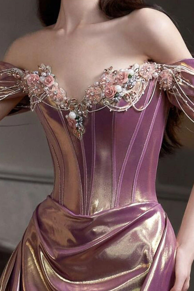Off Shoulder Ruched Satin Graceful Prom Dress