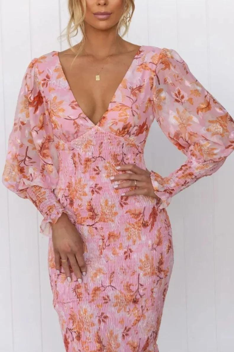 Rafaela Aesthetic Flower Print Midi Dress Elevated Occasion Wear