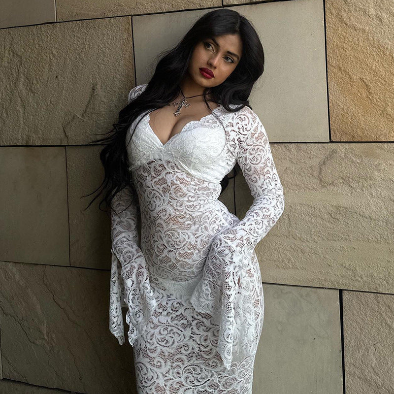 Neck V Lace Flare Sleeve Dress