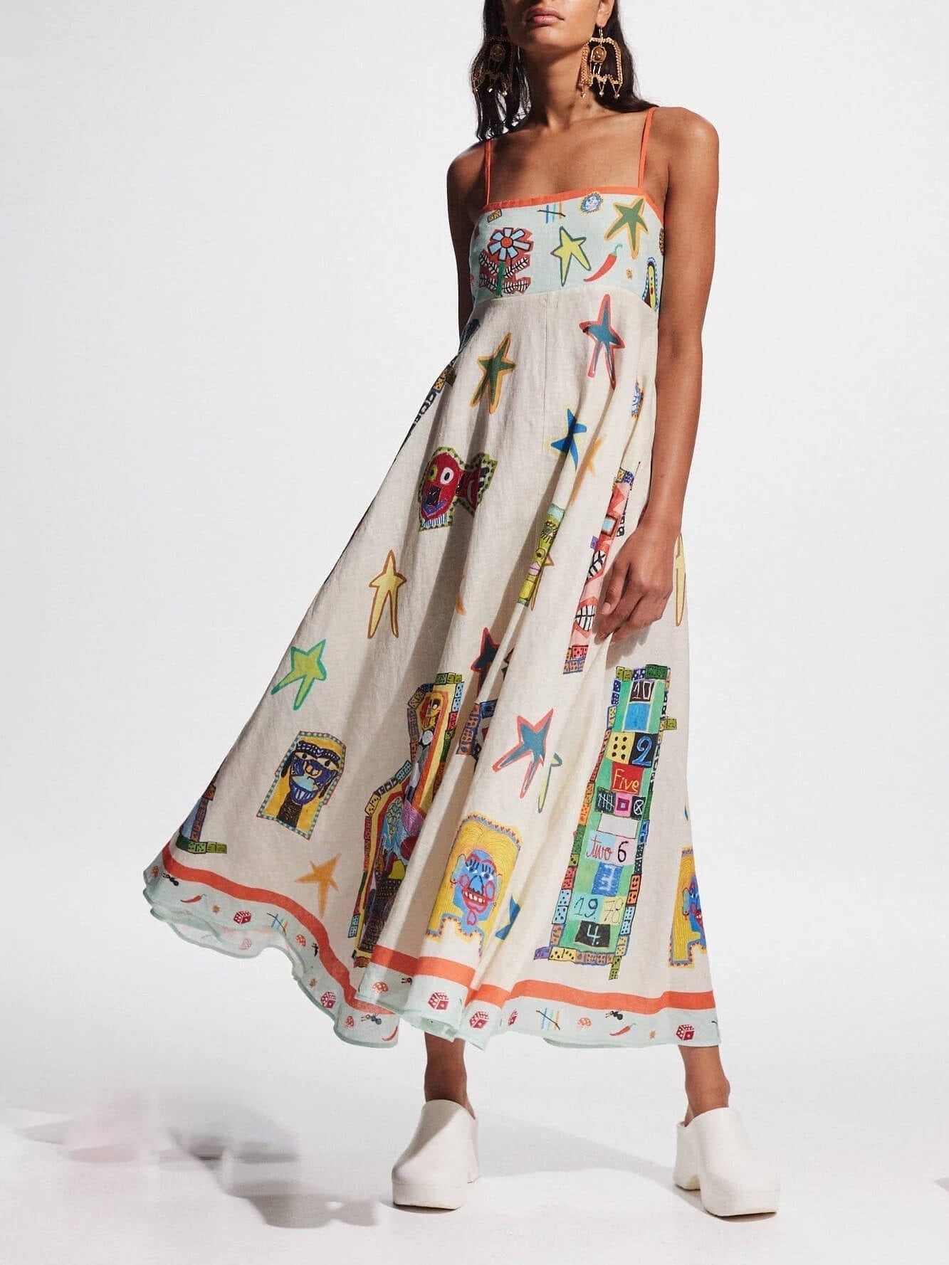Graffiti Unique Print Suspenders Long Swing Midi Dress