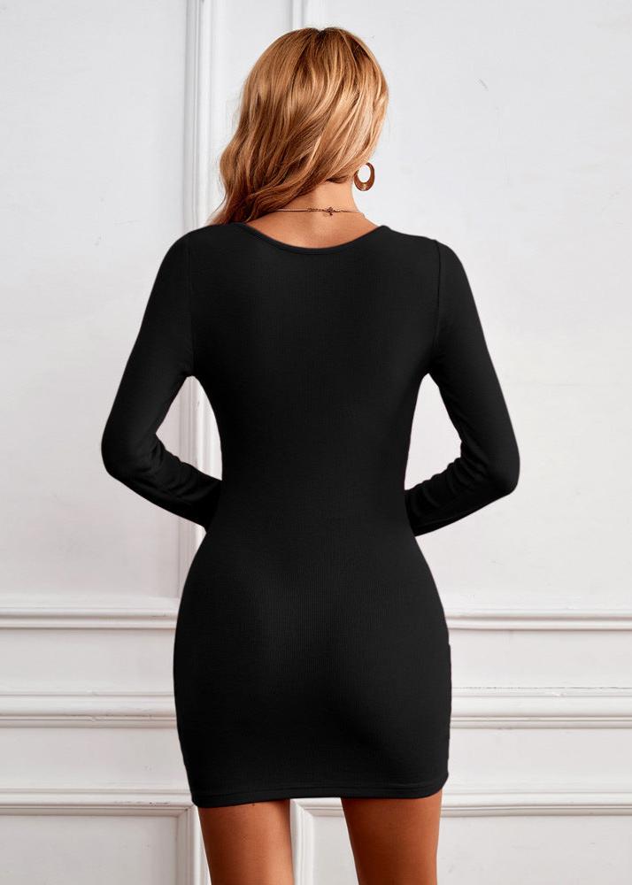Button U-Neck Bodycon Mini Dress