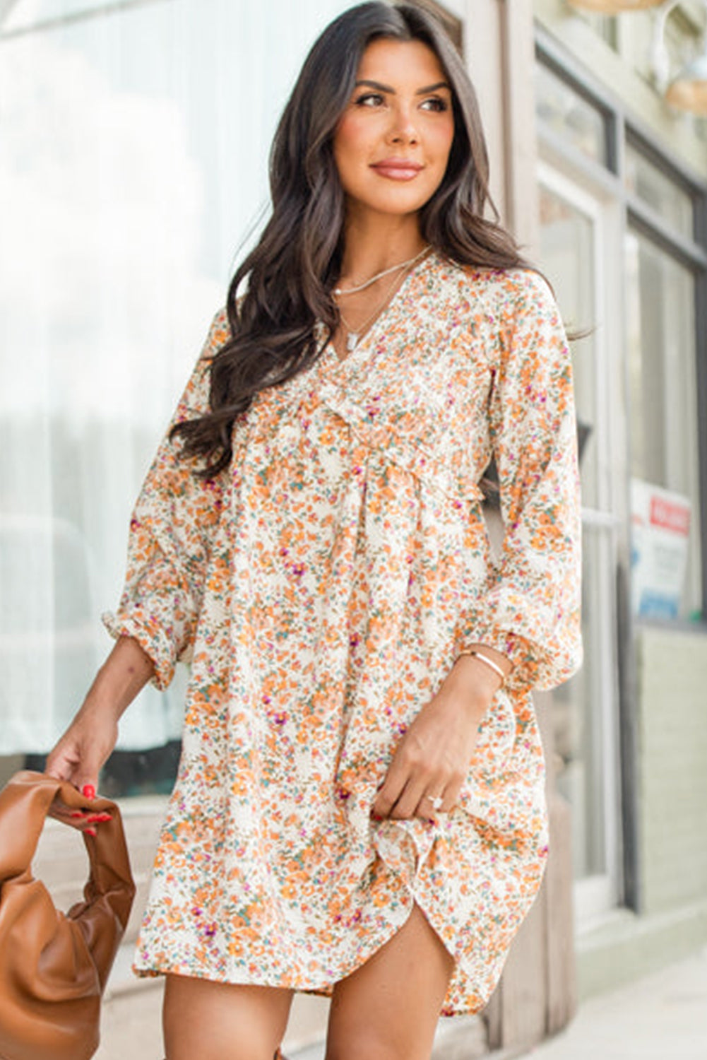 Yellow Boho Bloom V Neck Ruffled Empire Waist Long Sleeve Mini Dress