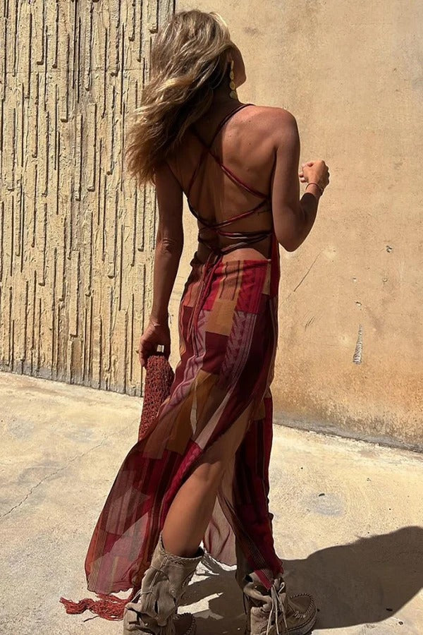 Exclusive Griselda Midi Dress with a Unique Gypsy Style Print, Cowl Neckline At the Back, Lace Up Fastening and Slit Evening Wear Edit