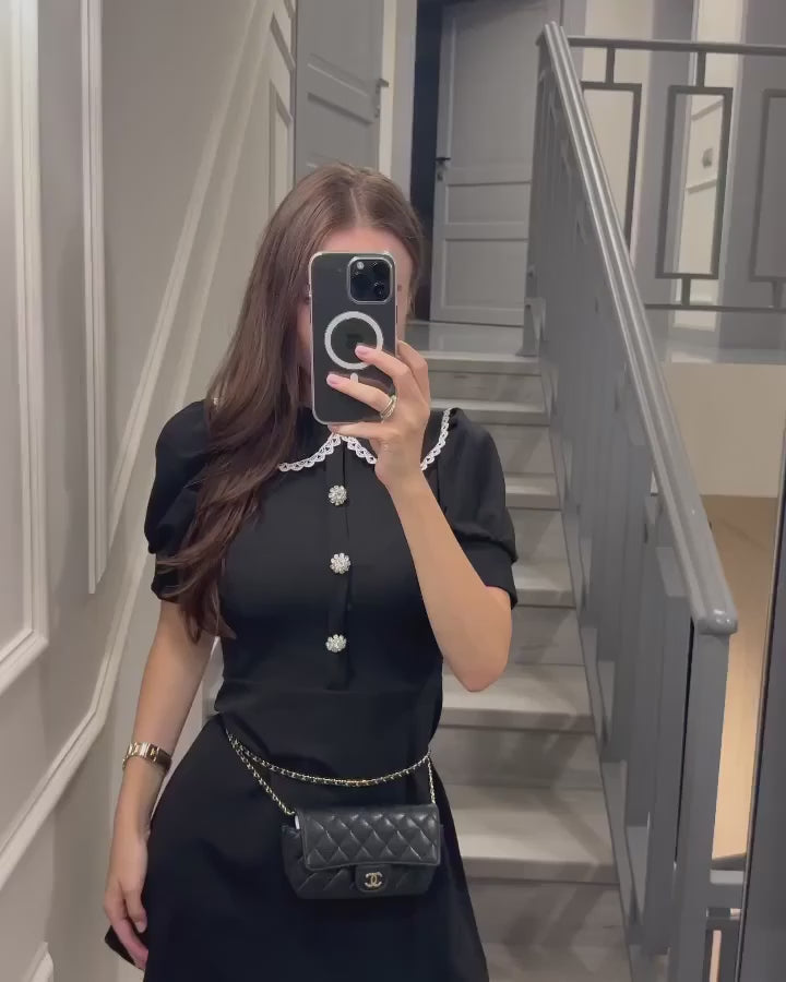 Pearl Eloise Button Puff Sleeve Mini Dress