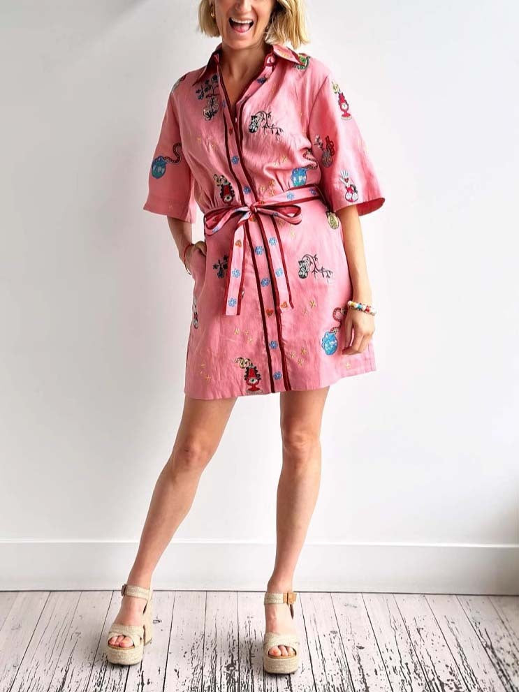 Relaxed Printed Shirt Collar Single breasted Mini Dress