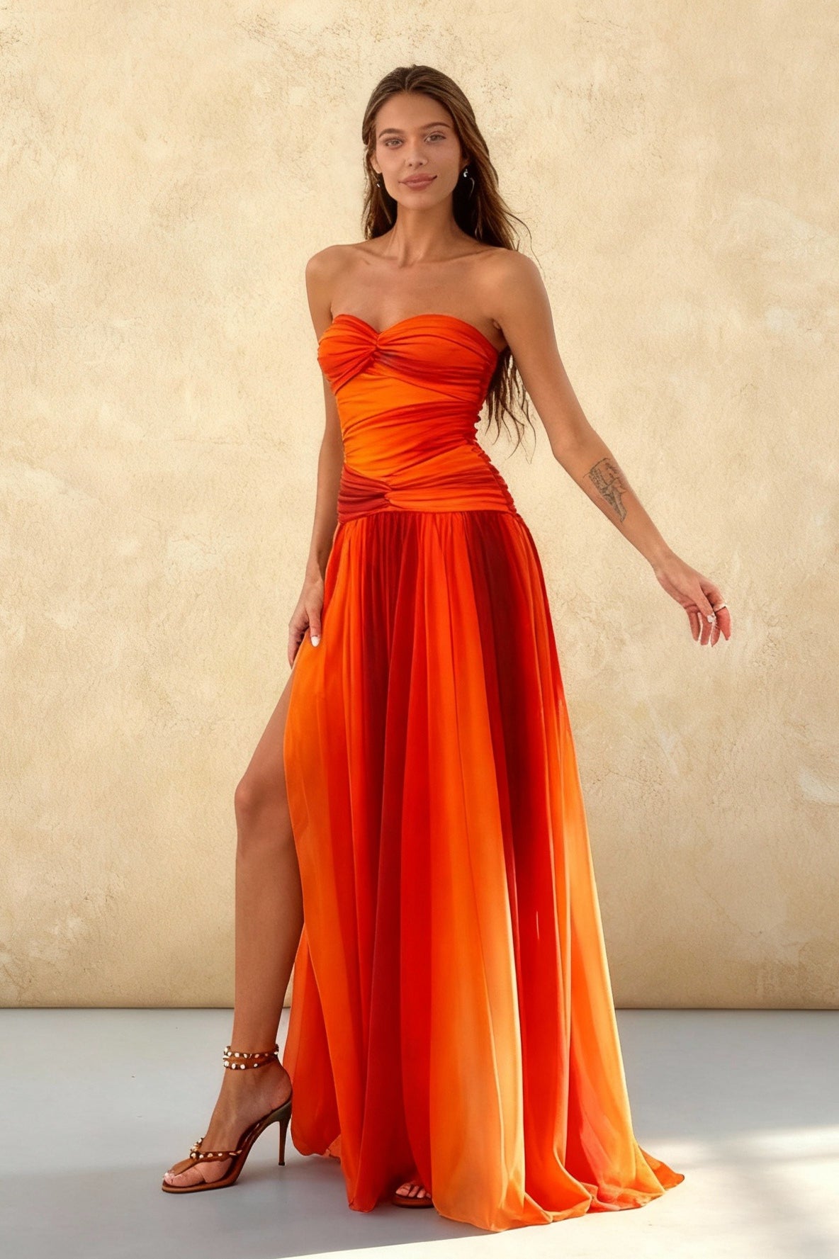 Pleated Gradient Hollow Strap Midi Dress
