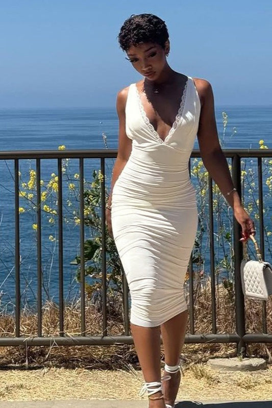 Neck V Lace Trim Bodycon Midi Dress