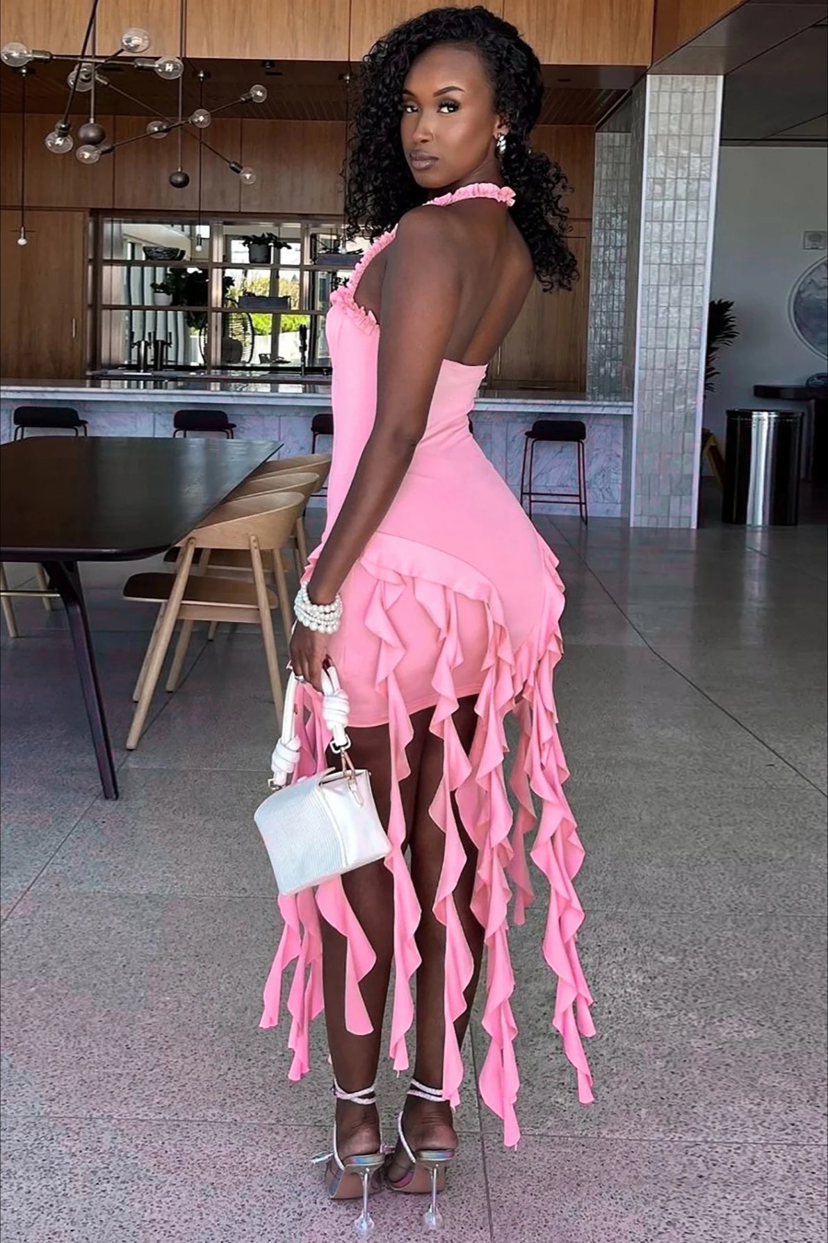 Ruffle Halter Patchwork Mini Dress