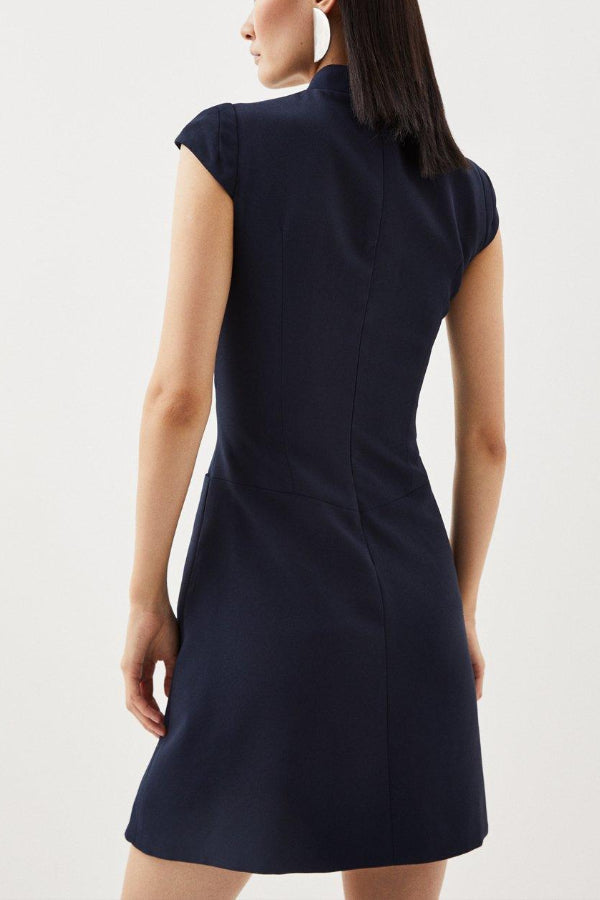 Chic Ariana Military Style Mini Dress with Cap Sleeves, Stand Up Collar and Patchwork Pleated Hem Silhouette Collection