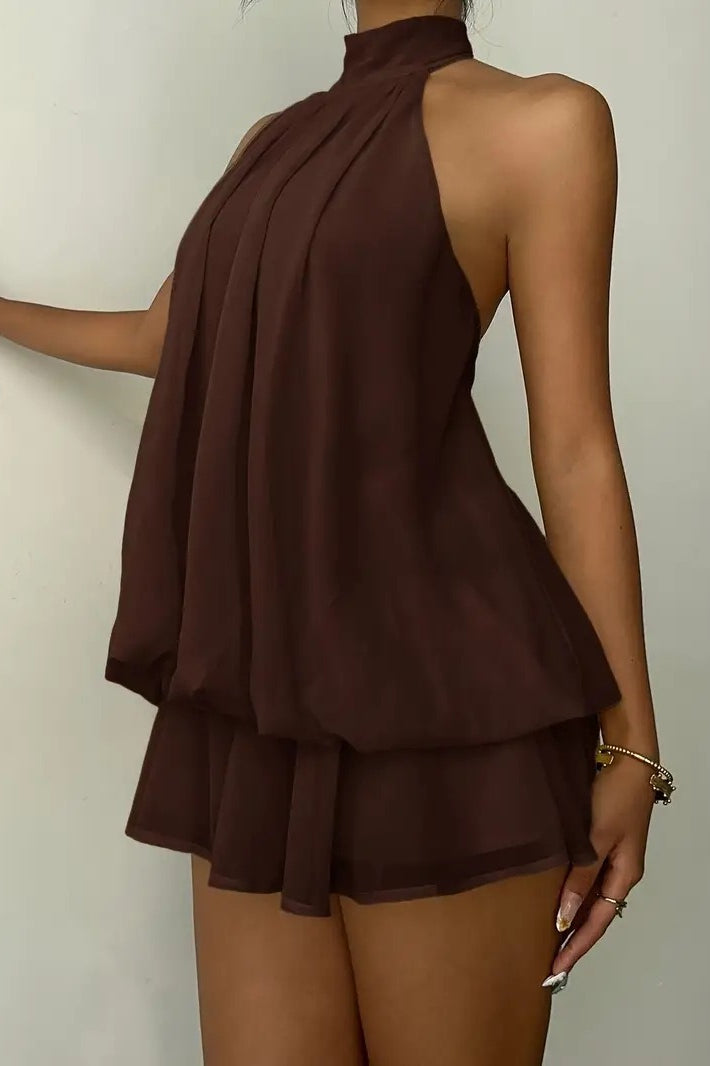 Alluring Backless Halter Tie Waist Slim Fit Ruffled Mini Dress