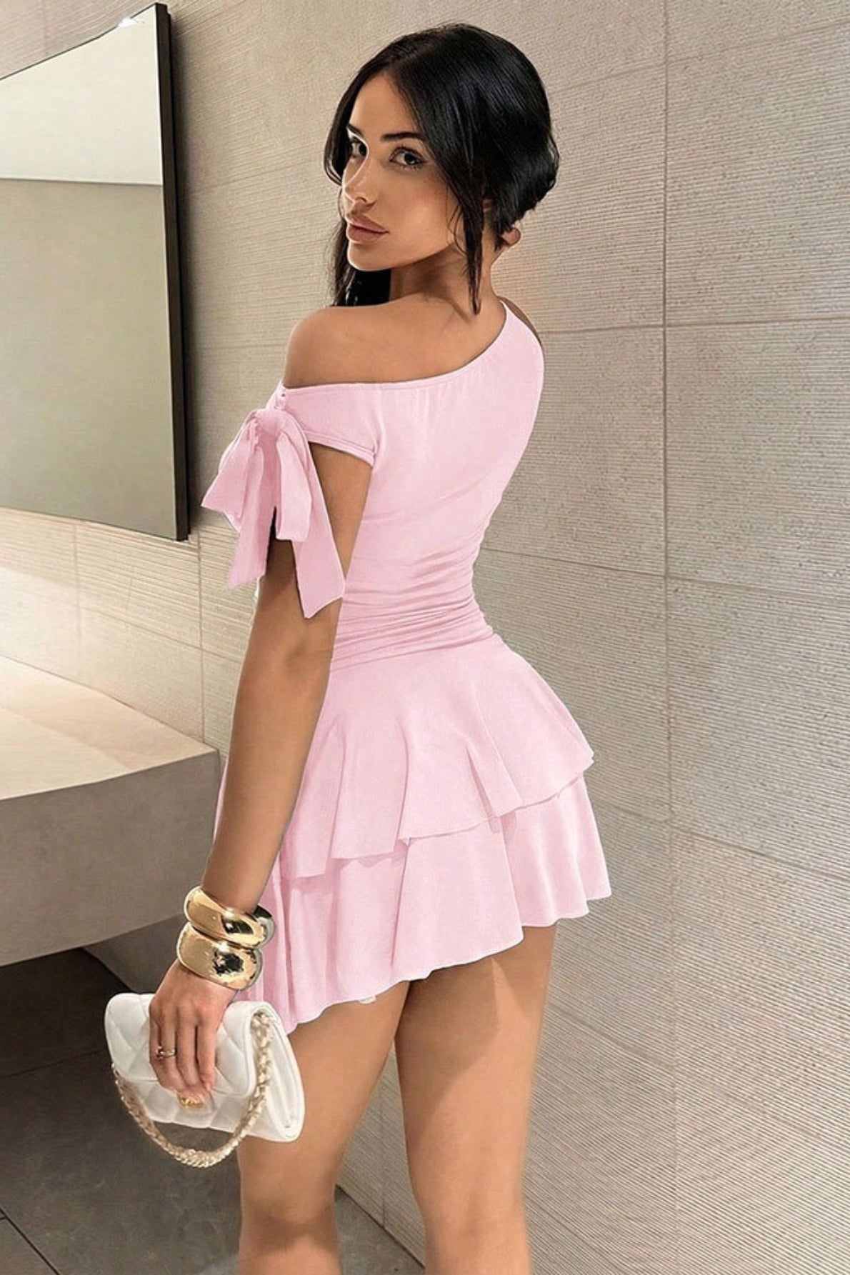 Up Lace Back Ruched Mini Dress