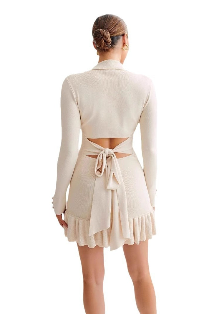 Tie Bow Ruffled Knit Pearl Midi Dress