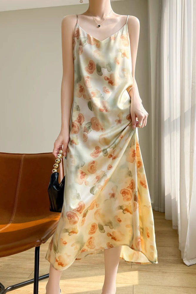 Printed Edition VNeck Satin Cami Maxi Silk Dress