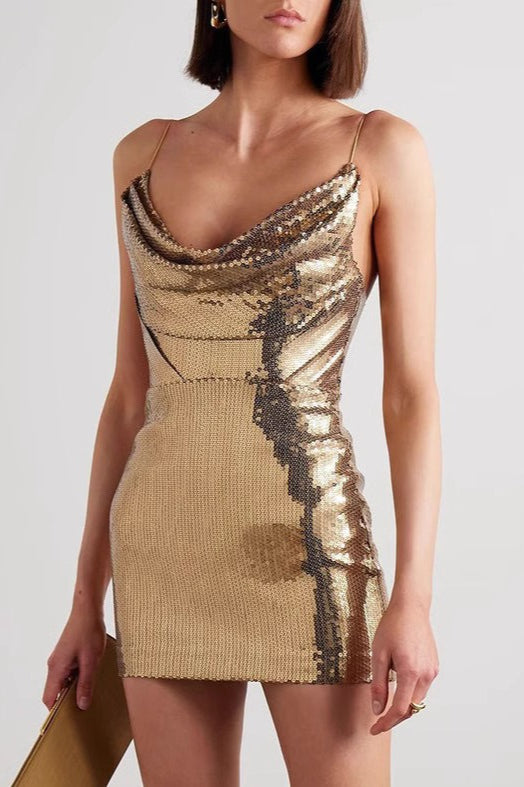 V Gold Neck Spaghetti Strap Mini Dress