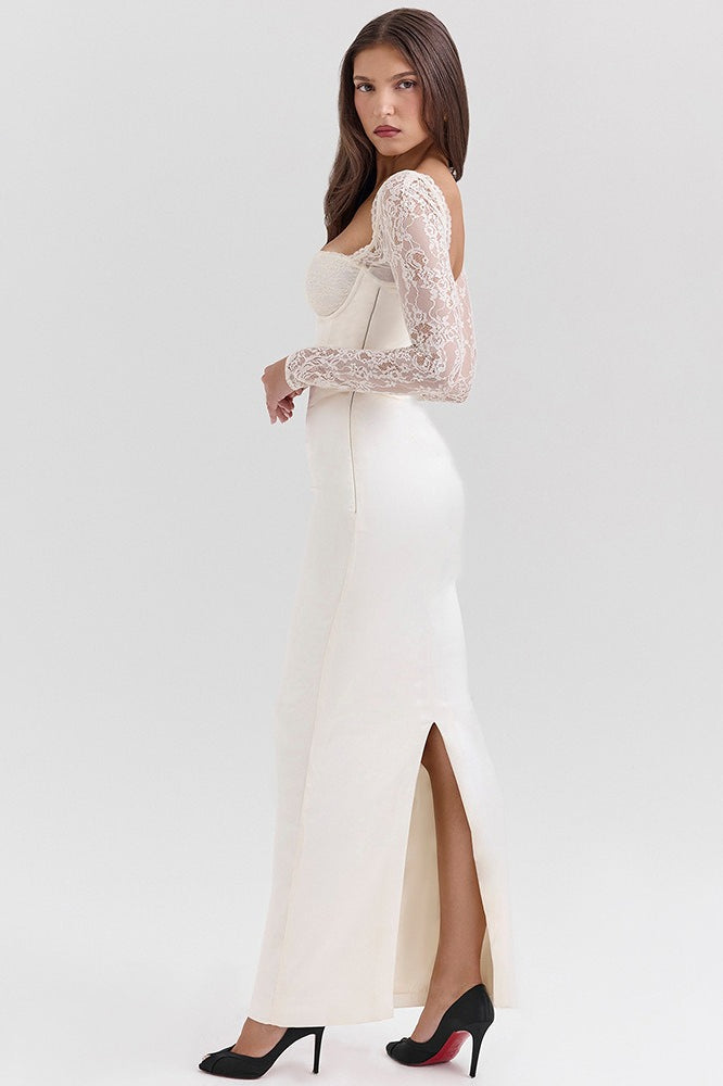 Extended Sleeve Lace Satin Maxi Dress