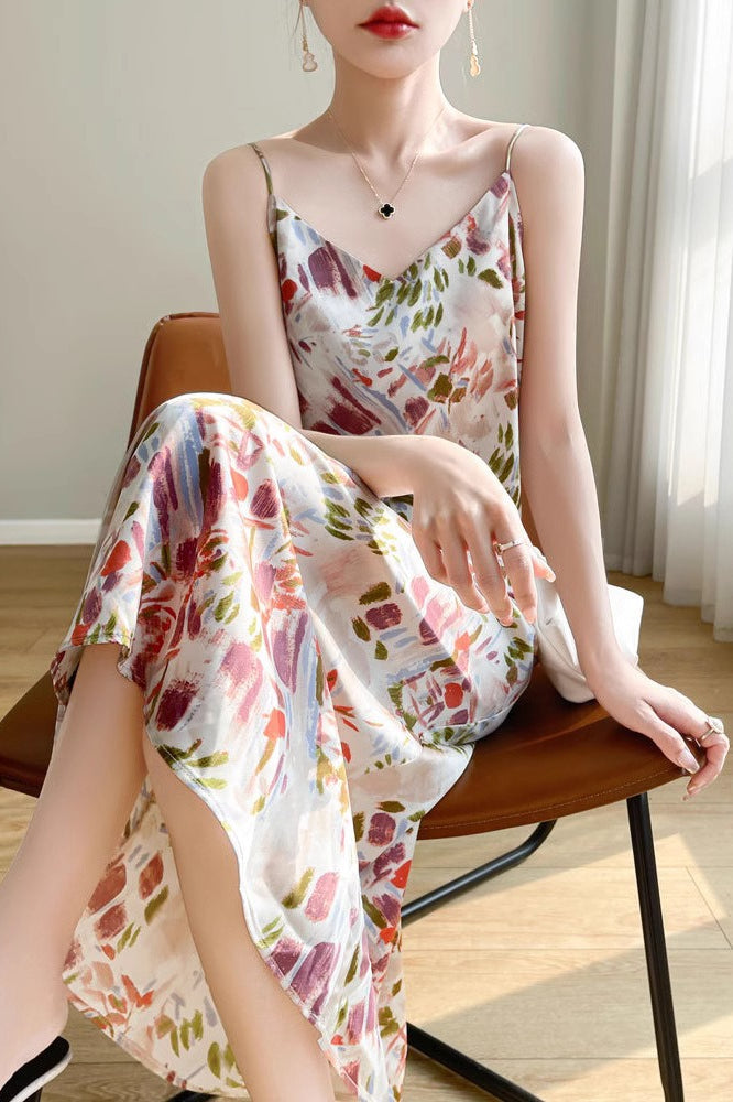 Printed Edition VNeck Satin Cami Maxi Silk Dress
