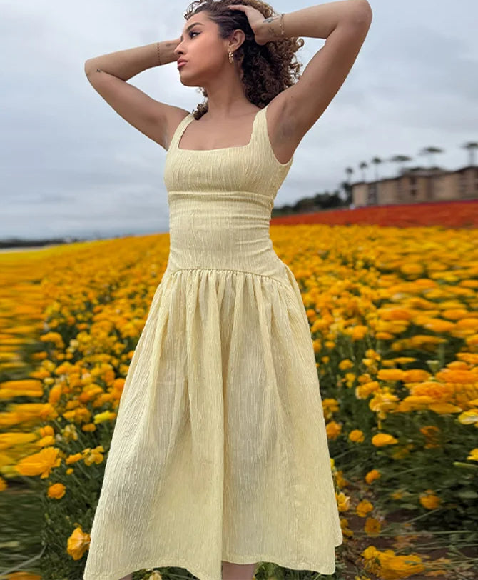 Pleated Slip Dress Easygoing Backless Midi Dress