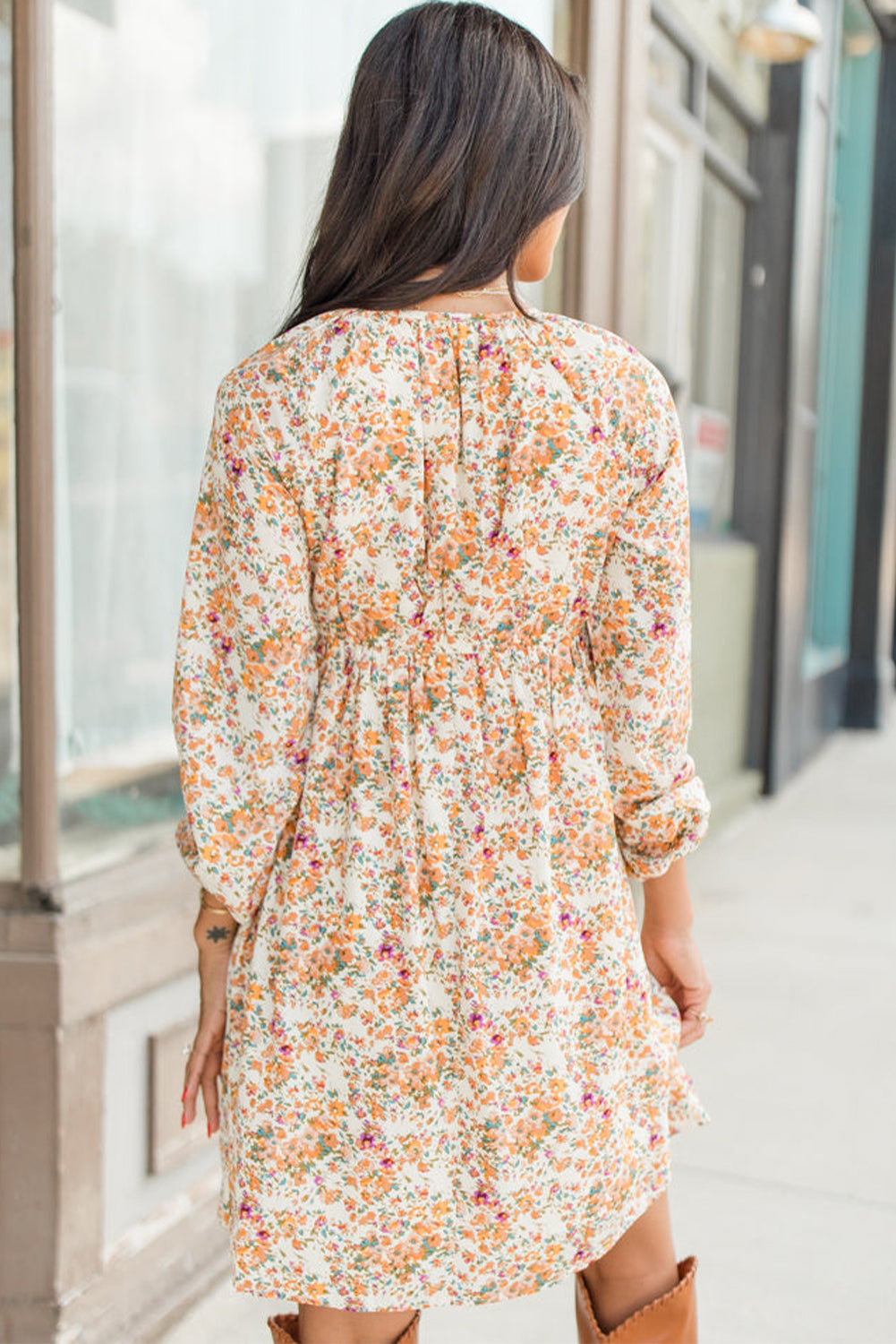 Yellow Boho Bloom V Neck Ruffled Empire Waist Long Sleeve Mini Dress