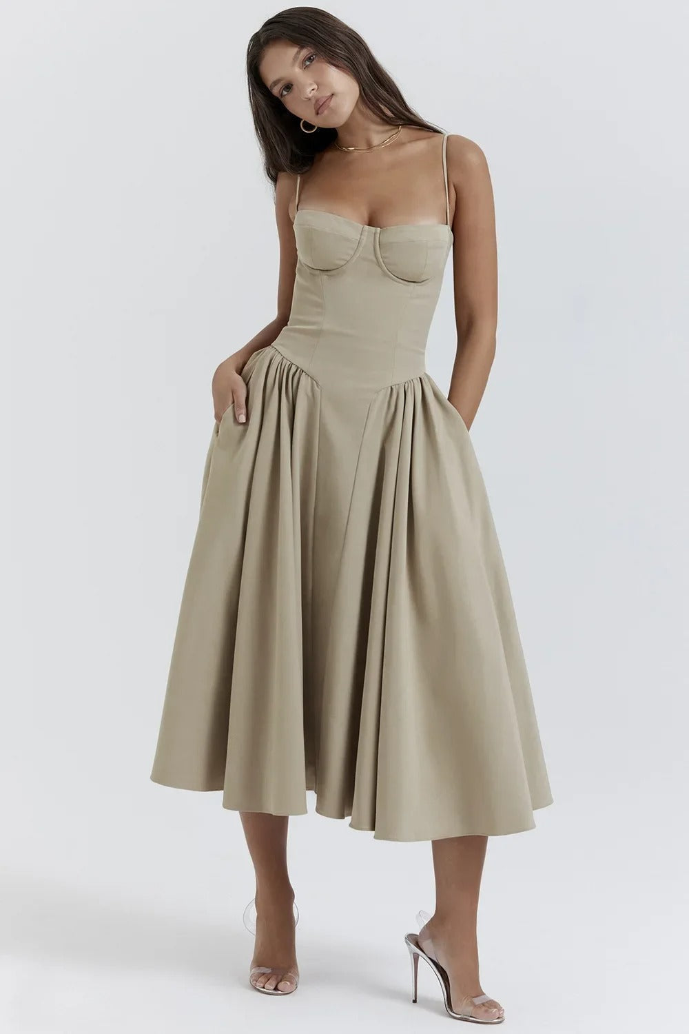 Milagros Premium Open-Shoulder Midi Dress with a Corset Fit Elevated Occasion Wear