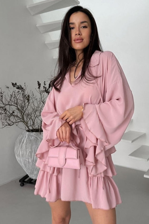 Chiffon Ruffled Pink Mini Dress