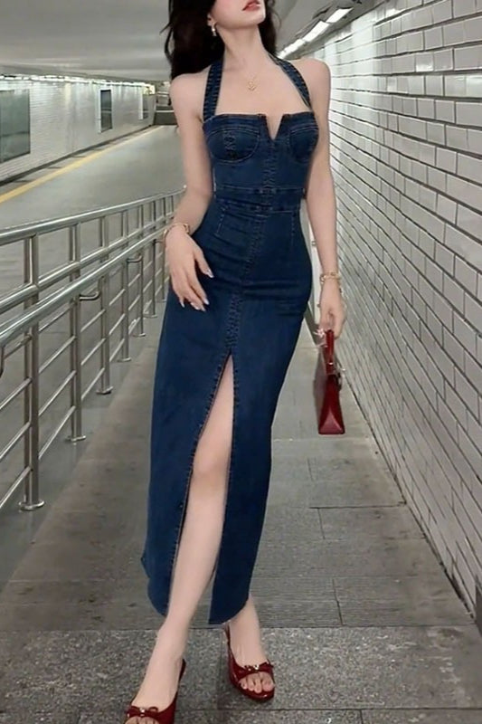 Halter Edition Split Maxi Denim Dress