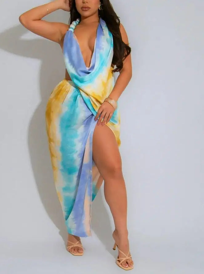 Dye Tie Halter Deep VNeck Backless Midi Dress