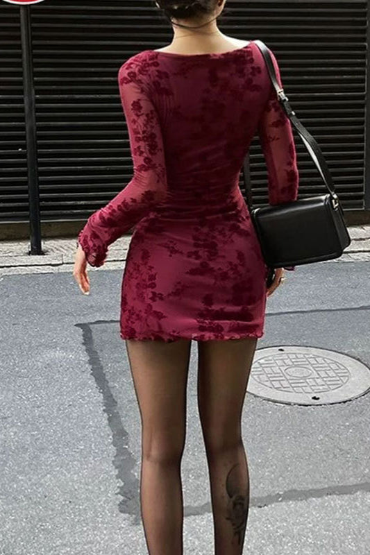 Mesh Bloom Long Sleeve Bodycon Dress