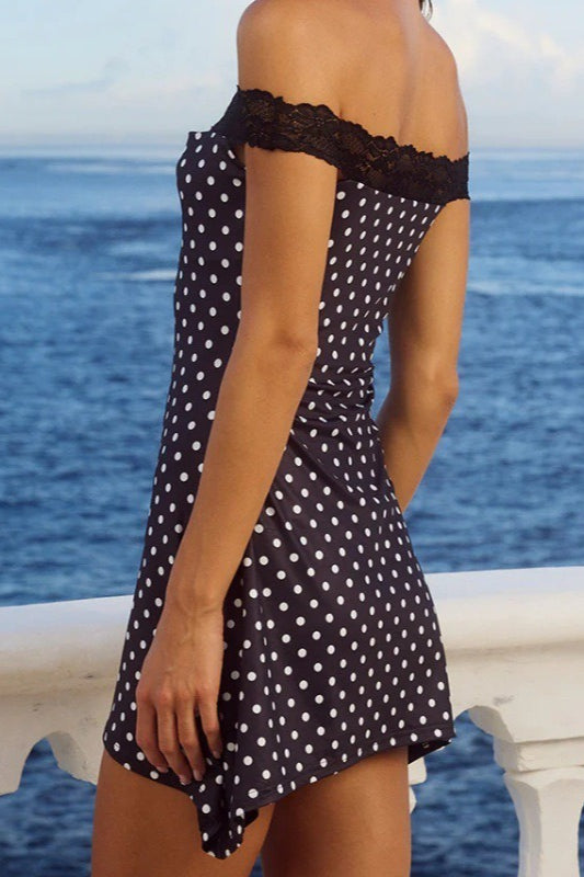 Lace Off-Shoulder Trim Polka Dot Bodycon Mini Dress
