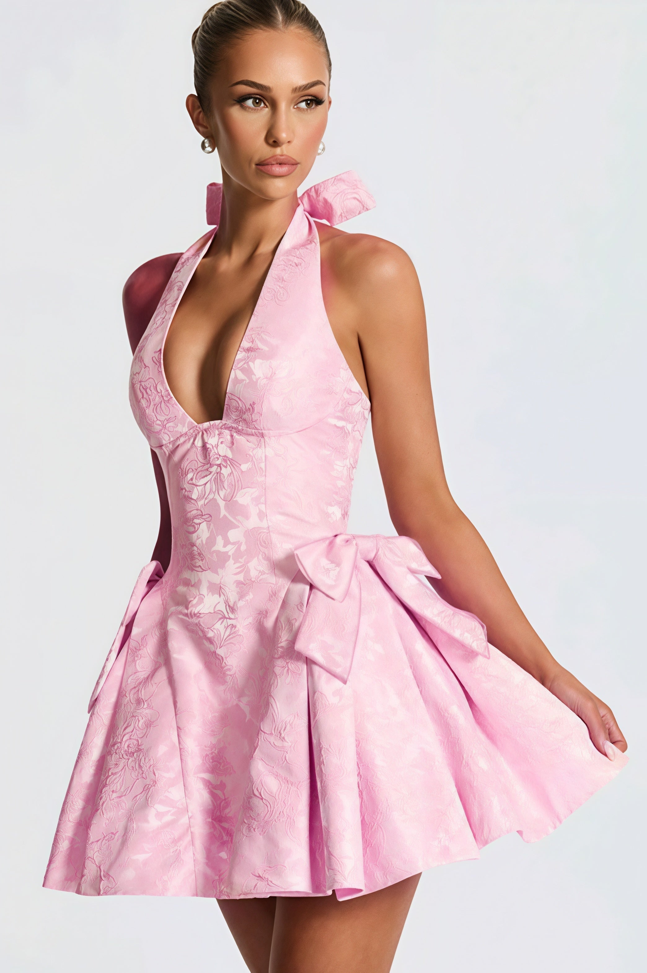 Alluring Halter V Neck Jacquard Mini Dress