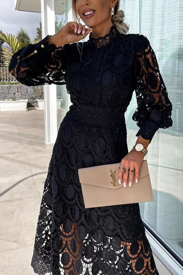 Premium Francisca Romantic, Sensual and Party Midi Dress with Crochet Lace and Lantern Sleeves Chic Silhouette Collection