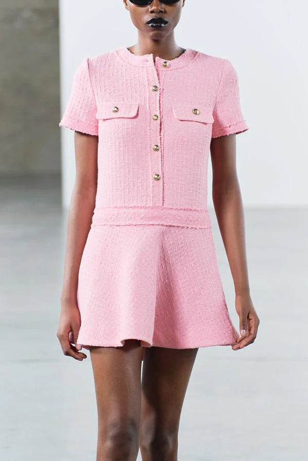 Elevated Rebekah 1960s London Girl Mini Dress in Textured Tweed with Gold Buttons and Short Sleeves and Pockets Boutique Collection