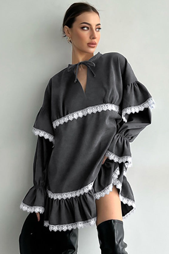 Ruffle Lace Tie V Neck Mini Dress