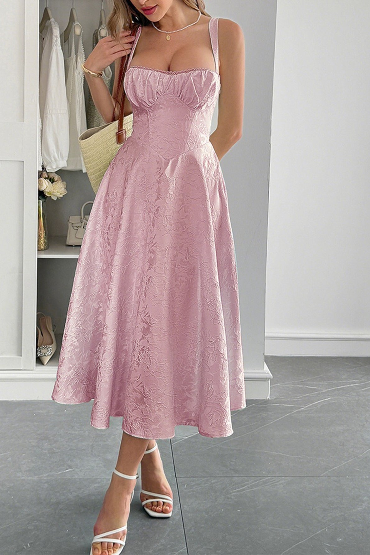 Refined Spaghetti Strap Jacquard Maxi Formal Dress