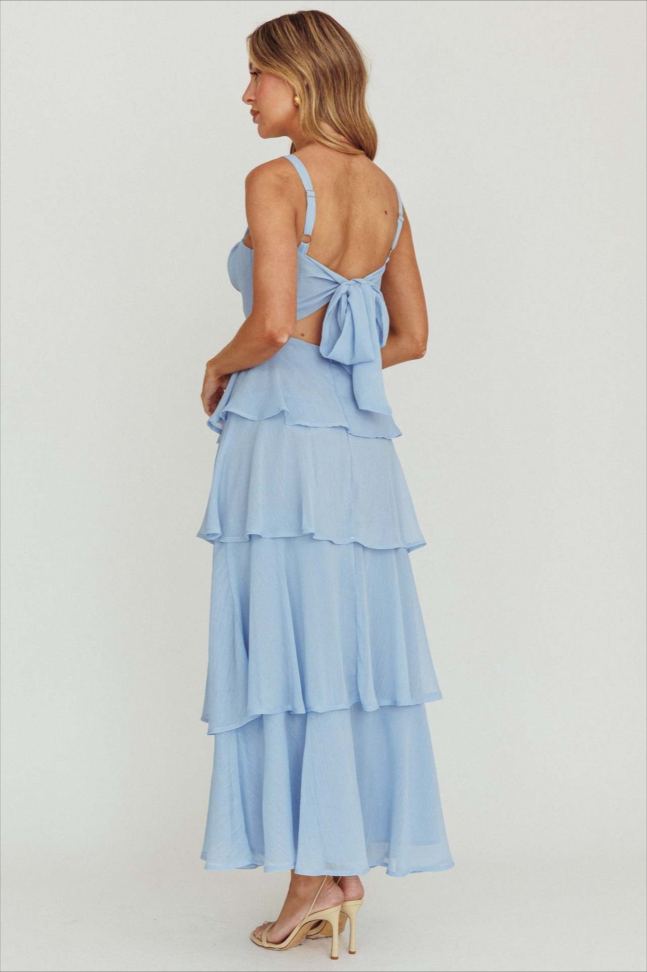 Alluring Backless Halter Tiered Ruched Waist Maxi Prom Dress
