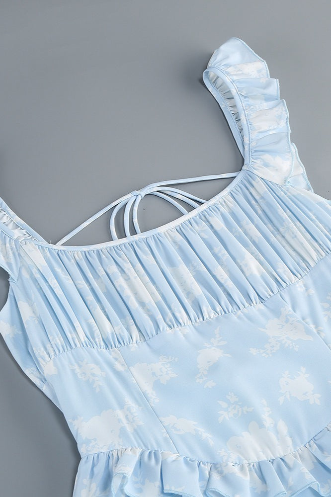 Flower Print Spaghetti Strap Romantic Prom Dress
