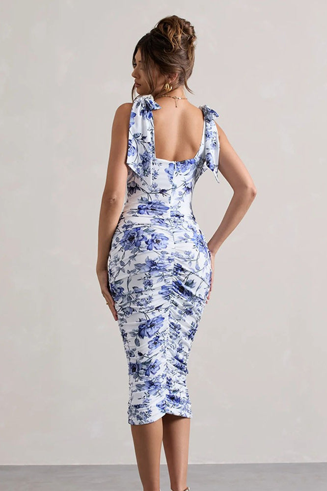 Classic Print Ruched Midi Dress