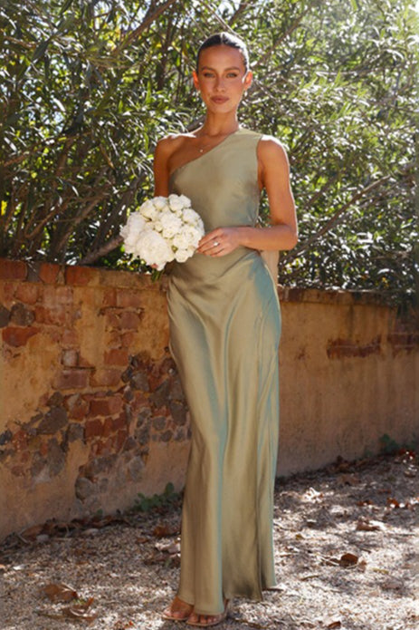 Satin Asymmetrical Shoulder High Slit Slim Fit Graceful Prom Dress