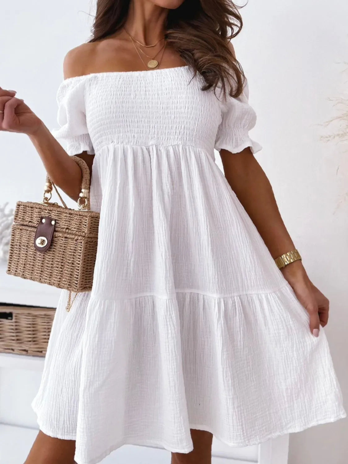 Premium Clara Off the Shoulder Short Sleeved Mini Dress Boutique Collection