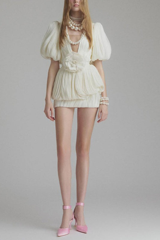 High Waist Ruched 3D Bloom Mini Dress