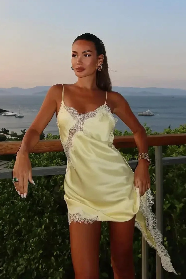 Asymmetric Alluring Lace Trim Fitted Mini Dress