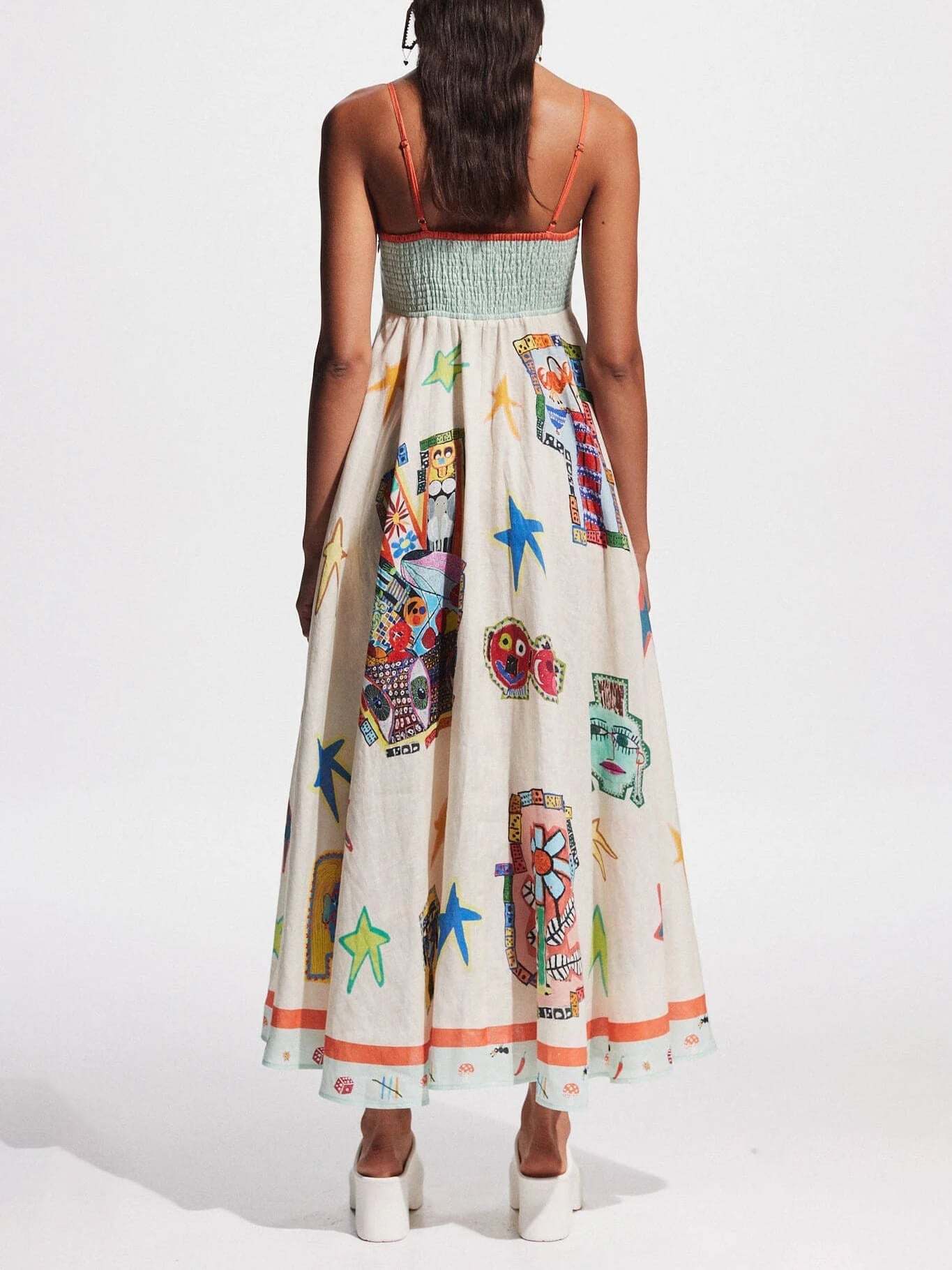 Graffiti Unique Print Suspenders Long Swing Midi Dress