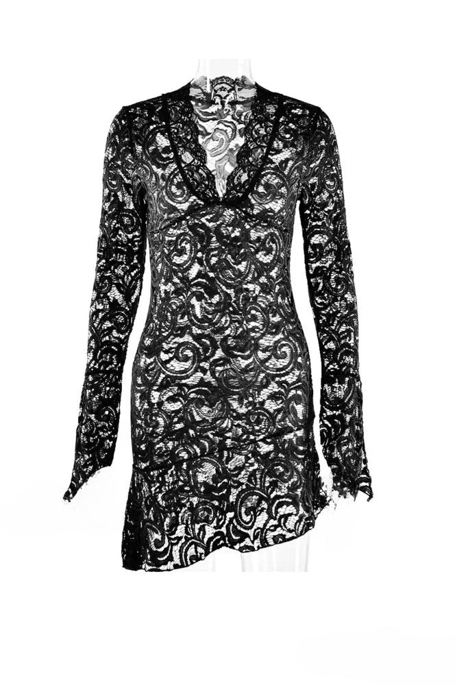 Neck V Flares Sleeve Lace Dress