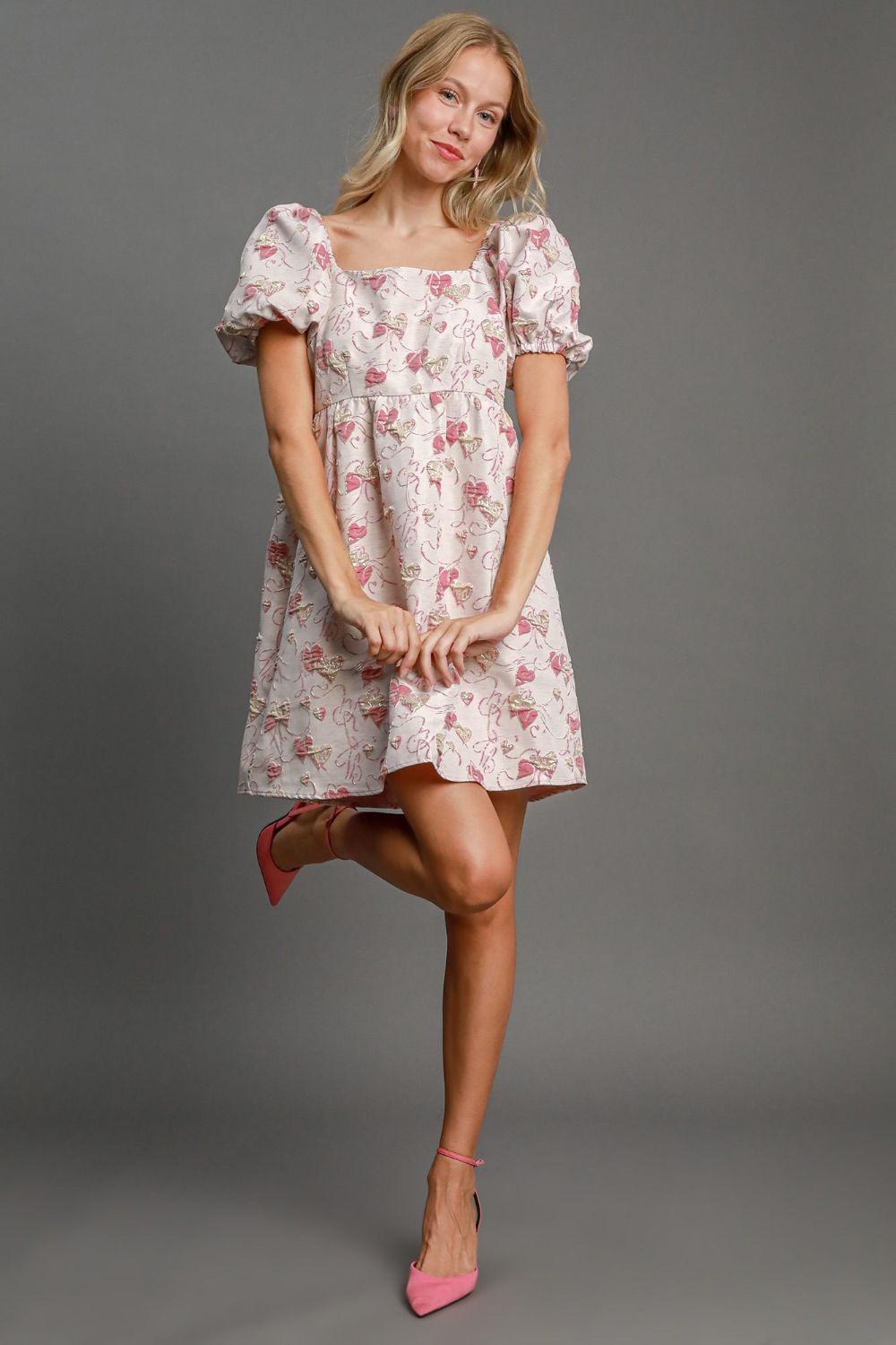 Boutique Ella Heart Jacquard Mini Dress with Square Neckline and Puff Sleeves Designer Edit