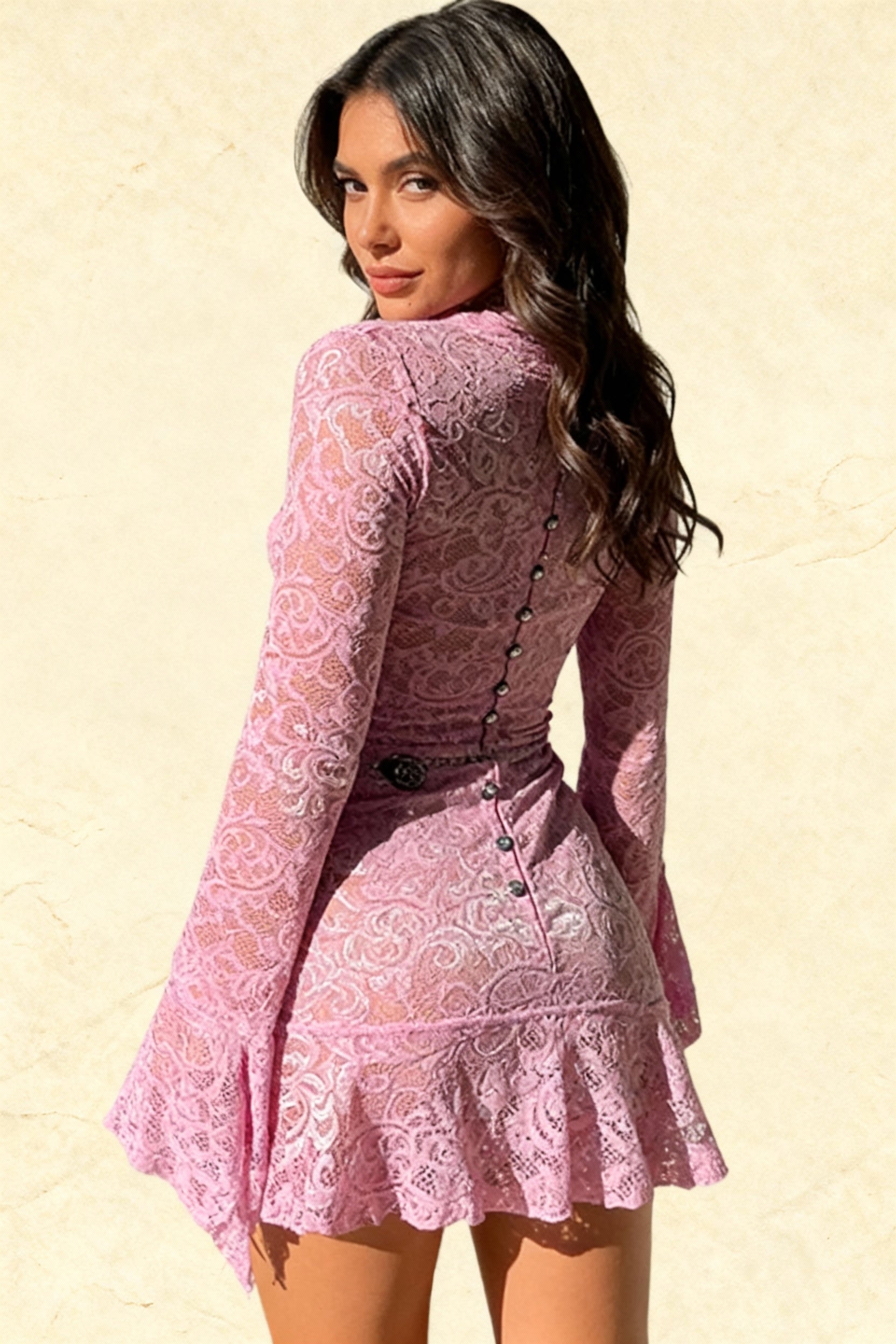 Neck V Flares Sleeve Lace Dress