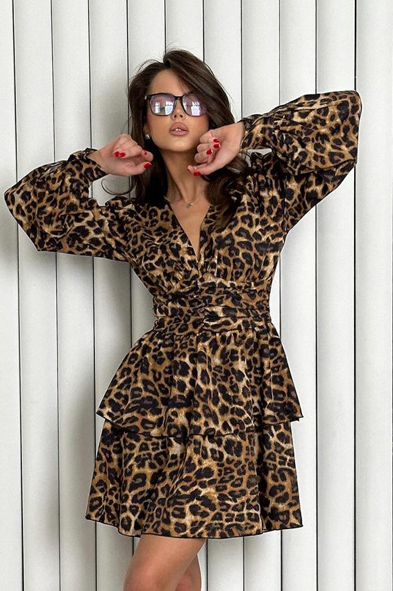 Print Leopard V Neck Ruffle Mini Dress